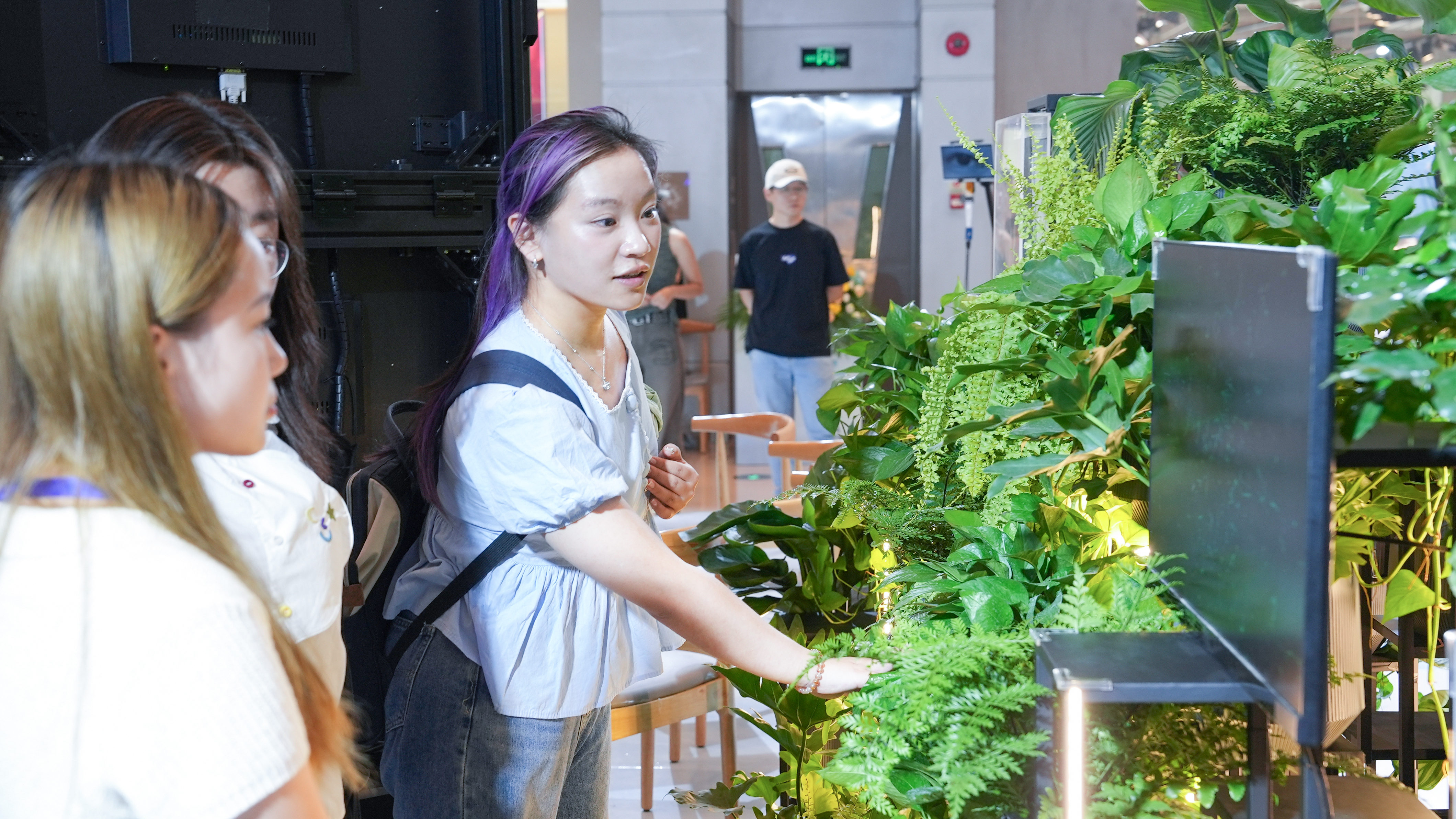 Visitors interacting with the plants
